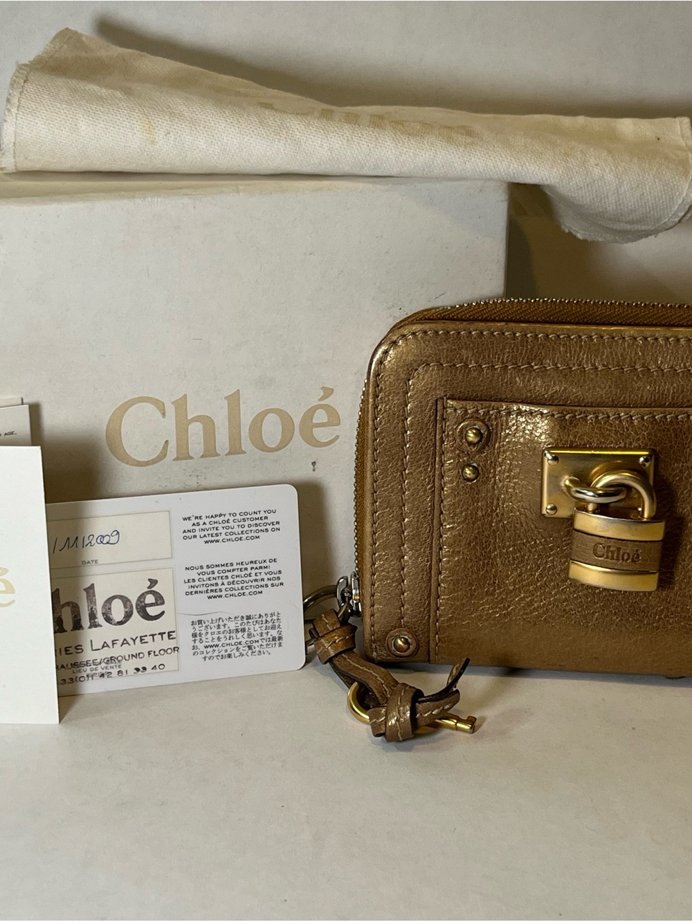 Chloé Metallic Gold Leather Zip Wallet with Padlock Detail
